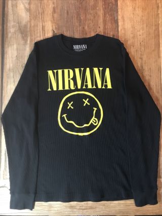 Nirvana Men’s Xl Black Yellow Smiley Face Long Sleeve Thermal Shirt 2014