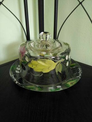 Clear Glass Round Butter Dish With Lid & Hand Painted Grape Design