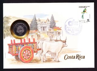 1984 Costa Rica Bird Stamp & Coin Cover South America Ox Oxen Cart Buildings
