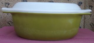 Vintage PYREX Olive Green 1.  5 Qt Cinderella Casserole Dish w/Verde Pattern Lid 2