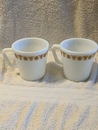 2 Vintage Pyrex Glass Butterfly Gold Coffee Cups Mugs D Handles
