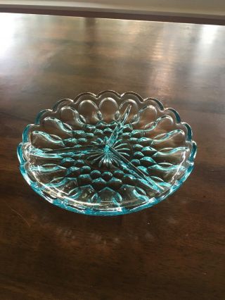 Vintage Blue Teal Glass Thumbprint Oval Divided 3 Compartment Relish Dish