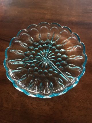 Vintage Blue Teal Glass Thumbprint Oval Divided 3 Compartment Relish Dish 2