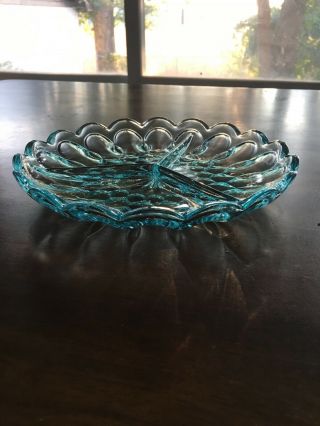 Vintage Blue Teal Glass Thumbprint Oval Divided 3 Compartment Relish Dish 3