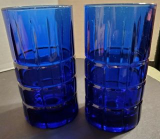 Set Of 2 Vintage Anchor Hocking Tartan Blue Tall Glasses 5.  5 " Tall