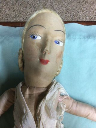 Vintage Antique Handmade Painted Cloth Doll Real Hair Silk 2