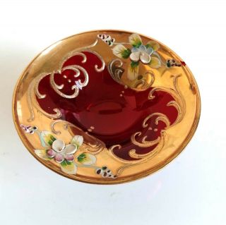 Vintage Venetian Murano Ruby Red Gilded Enamel Flowers Footed Glass Pin Dish