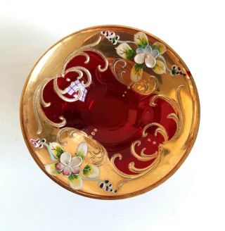 VINTAGE VENETIAN MURANO RUBY RED GILDED ENAMEL FLOWERS FOOTED GLASS PIN DISH 2