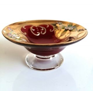 VINTAGE VENETIAN MURANO RUBY RED GILDED ENAMEL FLOWERS FOOTED GLASS PIN DISH 3