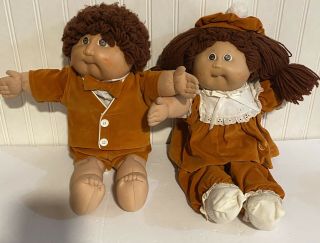 Vintage Cabbage Patch Kids Red Headed Twins Boy & Girl Orange Velvet Outfits