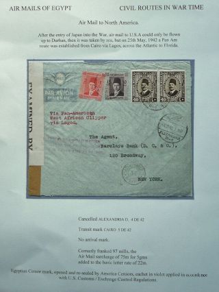 Egypt 4 Dec 1942 Censored Airmail Cover - Alexandria To York Usa Via Lagos
