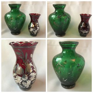Vintage 2 Silver Overlay Art Glass Vase Italian