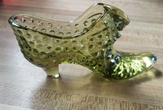 Vintage Fenton Colonial Green Cat Hobnail Pattern Glass Shoe Slipper