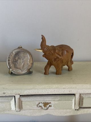Vintage Artisan Signed Hand Carved Wood Elephant Dollhouse Miniature 1:12
