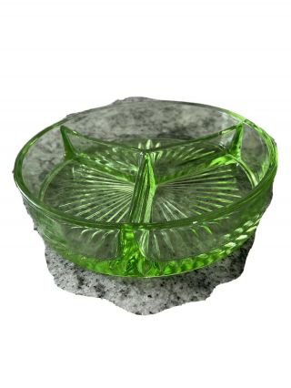 Vintage Green Uranium Depression Glass Divided Candy/relish Dish