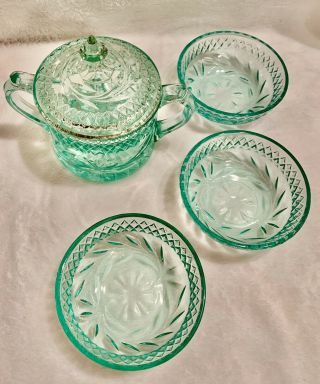 Vintage Green Depression Glass 1 Sugar Bowl 3 Dessert Dishes 2