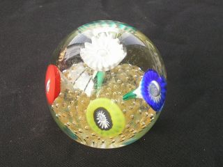Vintage Murano Italy Glass Paperweight Multicolor Flowers Design With Bubbles