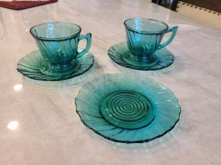 Vtg Jeannette Ultramarine Petal Swirl 2 Cups And 3 Saucers