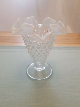Vintage Moonstone Hobnail White Opalescent Vase With Ruffled Edge Clear