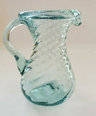 Vintage Hand Blown Glass Pitcher Light Blue Applied Handle Small 3 "