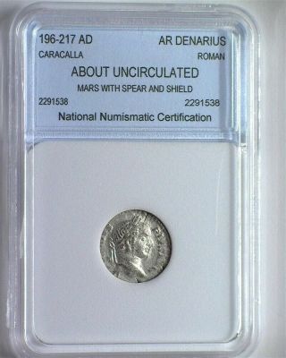 196 - 217 AD ROMAN AR DENARIUS CARACALLA MARS WITH SPEAR AND SHIELD ABOUT UNC 2