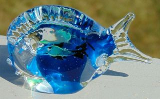 Vintage Murano Hand Made Art Glass Blue & Clear Fish Paperweight