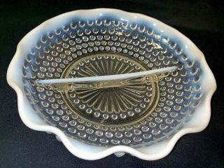 Vintage Anchor Hocking Moonstone Opalescent Hobnail Ruffled Divided Candy Dish
