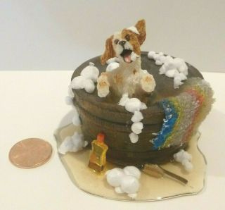 Gail Morey Dollhouse Miniature Dog Taking A Bath In A Barrel 1992