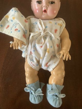 Vintage - For 12 In.  Tiny Tears Doll - Flannel Romper & Blue Felt Booties W Ties