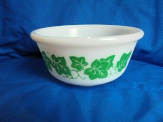 Vintage Hazel Atlas White Milk Glass Mixing Serving Bowl Green Ivy Leaves 6”