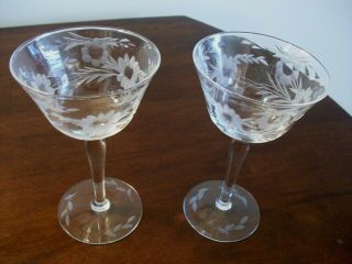 Set 2 Vintage Optic Paneled Wine Martini Glasses Stemware Floral Etched Top Base