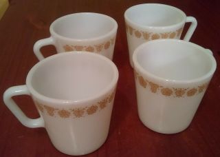 Set Of 4 Vintage Pyrex Coffee Mugs White With Gold Butterfly Flower Pattern