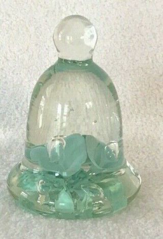 Art Glass Joe St.  Clair Bell Shaped Aqua Blue Flower Bubbles Paperweight