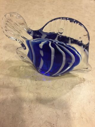 Art Glass Cobalt Blue / White Stripe Angel Fish Figurine Paperweight 4 " X 4.  5 "