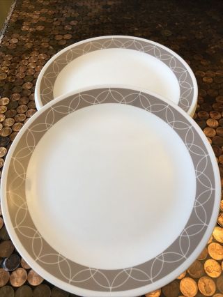Set Of 4 Corelle Corning Sand Sketch 10 1/4 " Dinner Plates Taupe Geometric Bands