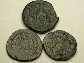 Ancient Auth.  3 Roman Coins; 307 - 361 Ad; Spearing,  Wreath & Emperor Dragging