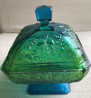 Vintage Blue And Green Carnival Glass Lidded Candy Dish