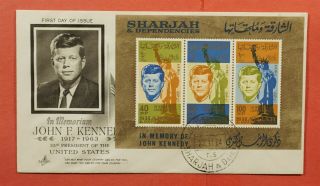 1964 Sharjah & Dependencies Fdc In Memory Jfk John F Kennedy S/s Artcraft Cachet