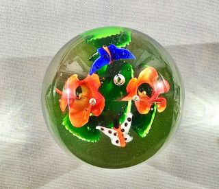 Antique Heavy Glass Paper Weight Large Flowers Butterflies Colors