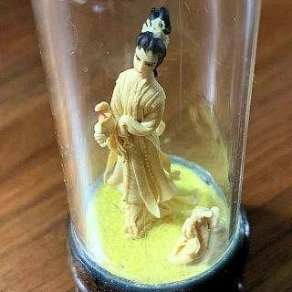 Miniature Vintage Japanese Goddess Sculpture In Glass Dome,  3 1/2 " Tall