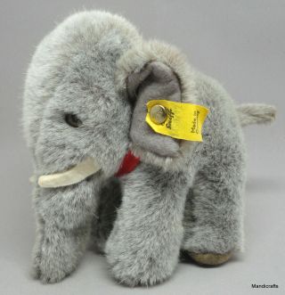Steiff Jumbo Elephant Grey Plush 12cm 5in Id Button Tag Felt Bib Tusks 1970s Vtg