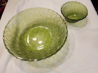 Vintage Indiana Glass Chip And Dip Basket Weave Pattern Green 2 Bowl Set