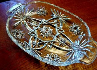 Vintage Oval Clear Crystal Glass Divided Candy Nut Dish Handles Star
