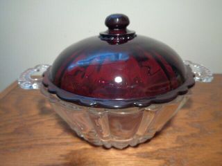 Vintage Anchor Hocking Glass Old Cafe Candy Dish With Ruby Red Cover.