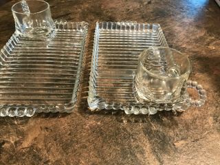 Vintage Hazel Atlas Anchor Hocking Snack Set Of 2 Crystal Glass Cups & 2 Trays