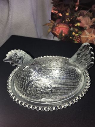 Vintage Hen On Nest Clear Glass Chicken Candy Dish Beaded Edge 7 Inch