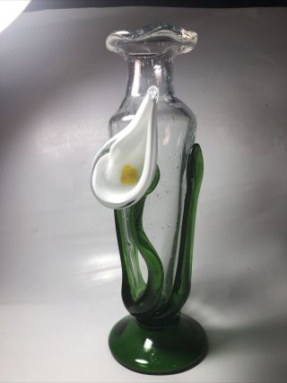 Vintage Art Glass Vase With Controlled Bubbles And White Orchid