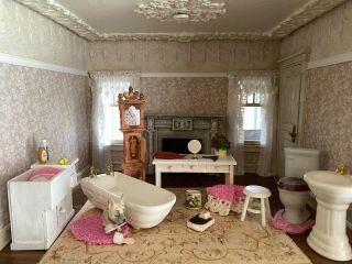 Vintage Miniature Dollhouse 1960s Bathroom Tub Sink Toilet Cabinets,  Tall Clock