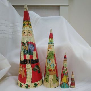 Vintage Santa Nesting Dolls 11 " Christmas Cone - Shaped Wooden Set Of 4