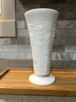 Milk Glass Vintage Paneled Vase With Grapes & Leaves Design